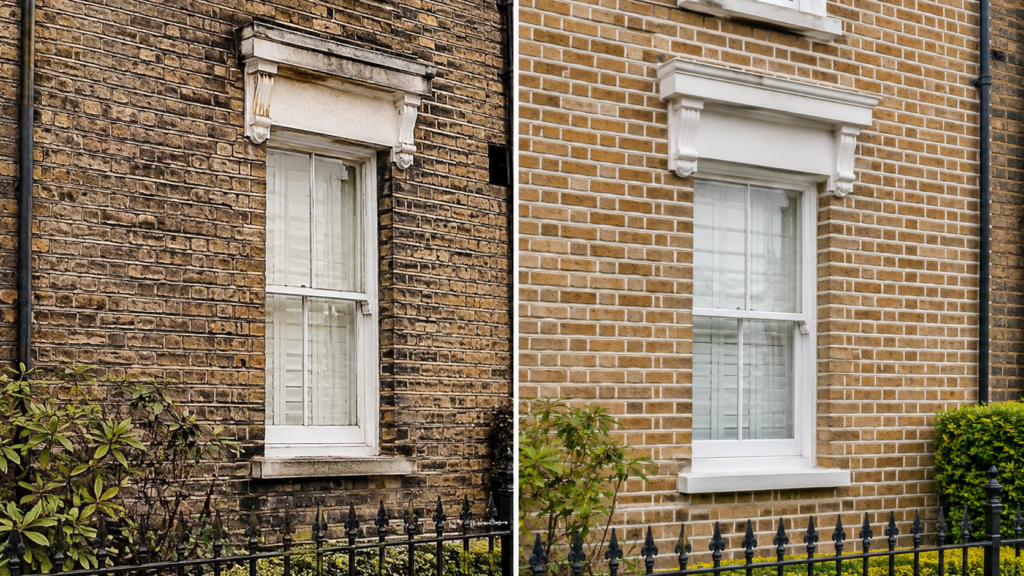 Professional brick repointing on a London property with deteriorated mortar joints
