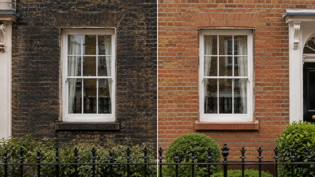 Before and after professional brick cleaning on a Victorian London property