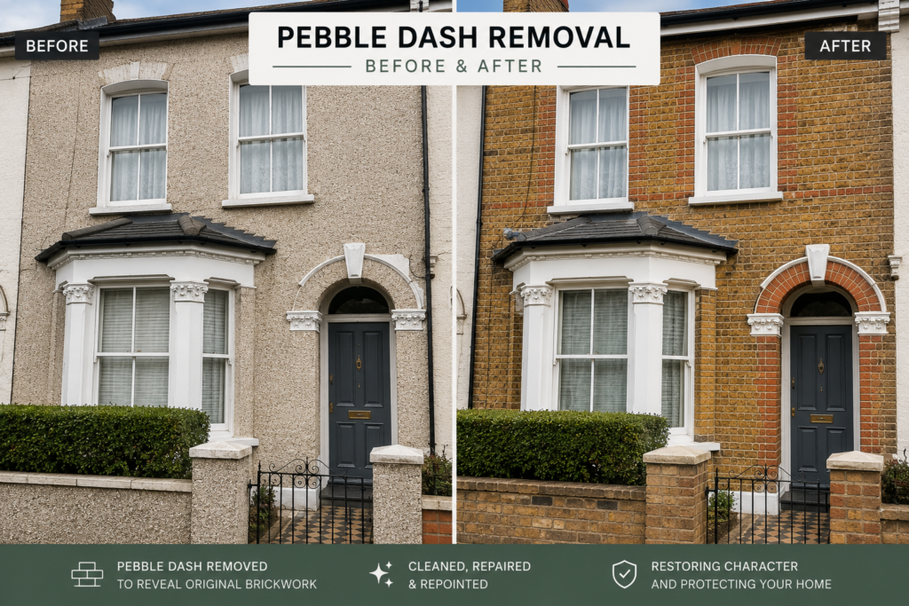 Pebble dash removal before and after revealing restored brickwork on a London house