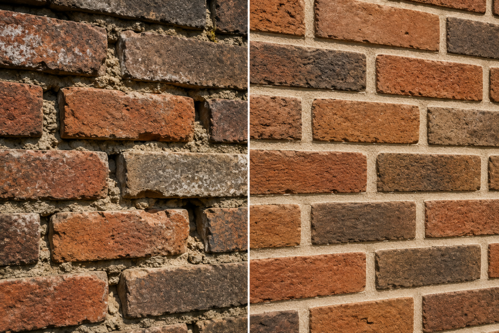 Crumbling mortar and damaged joints showing signs brickwork needs repointing