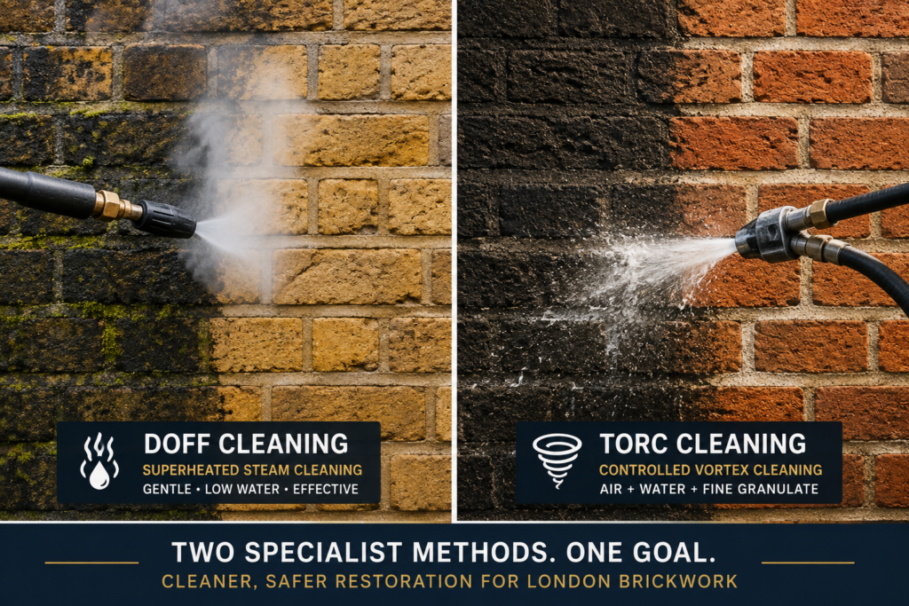 Specialist DOFF and controlled masonry cleaning on historic London brickwork