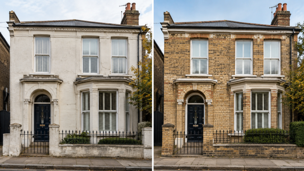Render removal before and after revealing original brickwork on a London property