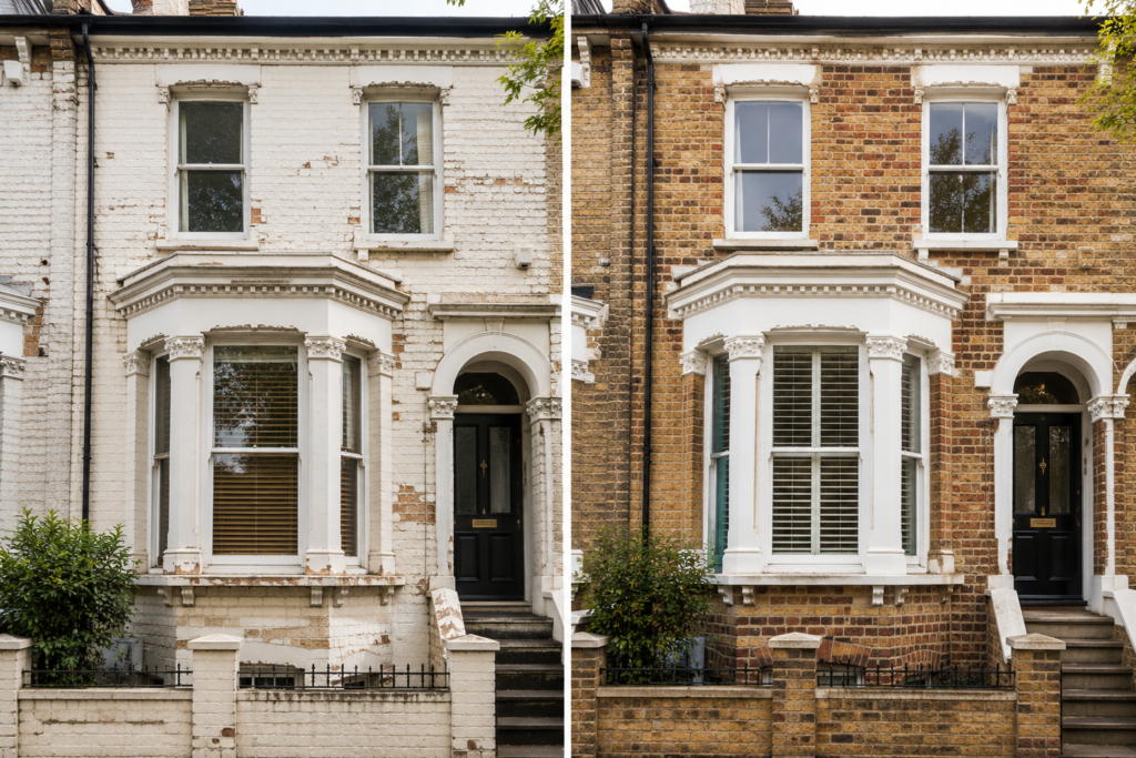 Victorian London house before and after professional brick paint removal
