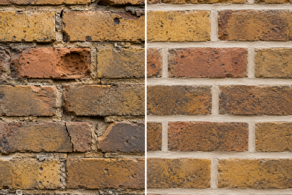 Damaged Victorian brickwork before and after specialist brick repair and selective replacement