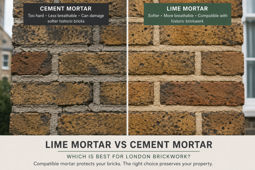 Lime mortar vs cement mortar comparison on traditional London brickwork